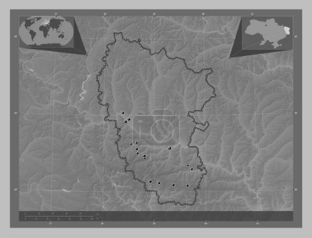 Photo for Luhans'k, region of Ukraine. Grayscale elevation map with lakes and rivers. Locations of major cities of the region. Corner auxiliary location maps - Royalty Free Image