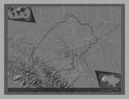 Téléchargez les photos : L'viv, région de l'Ukraine. Carte d'altitude de Bilevel avec lacs et rivières. Emplacements et noms des grandes villes de la région. Corner cartes de localisation auxiliaires - en image libre de droit