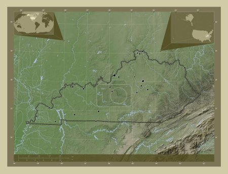 Foto de Kentucky, estado de los Estados Unidos de América. Mapa de elevación coloreado en estilo wiki con lagos y ríos. Ubicaciones de las principales ciudades de la región. Mapas de ubicación auxiliares de esquina - Imagen libre de derechos