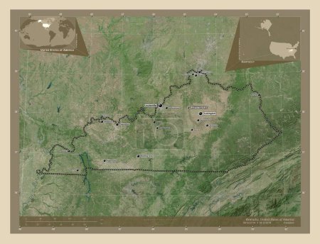 Téléchargez les photos : Kentucky, État des États-Unis d'Amérique. Carte satellite haute résolution. Emplacements et noms des grandes villes de la région. Corner cartes de localisation auxiliaires - en image libre de droit