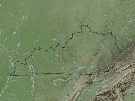 Foto de Kentucky, estado de los Estados Unidos de América. Mapa de elevación coloreado en estilo wiki con lagos y ríos - Imagen libre de derechos