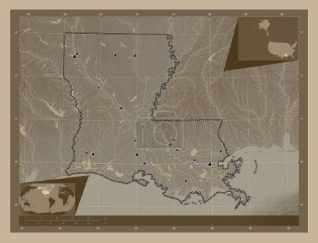 Téléchargez les photos : Louisiane, État des États-Unis d'Amérique. Carte d'altitude colorée dans des tons sépia avec des lacs et des rivières. Emplacements des grandes villes de la région. Corner cartes de localisation auxiliaires - en image libre de droit
