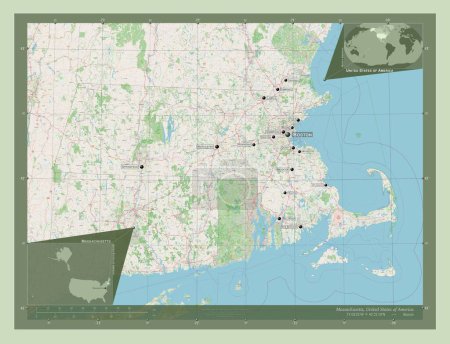 Foto de Massachusetts, estado de los Estados Unidos de América. Open Street Map. Ubicaciones y nombres de las principales ciudades de la región. Mapas de ubicación auxiliares de esquina - Imagen libre de derechos
