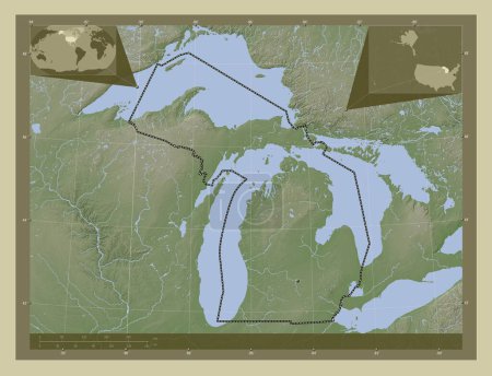 Téléchargez les photos : Michigan, État des États-Unis d'Amérique. Carte d'altitude colorée dans le style wiki avec des lacs et des rivières. Corner cartes de localisation auxiliaires - en image libre de droit