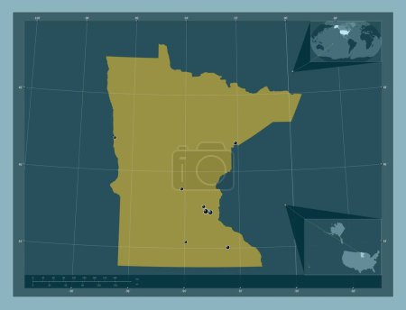 Photo for Minnesota, state of United States of America. Solid color shape. Locations of major cities of the region. Corner auxiliary location maps - Royalty Free Image