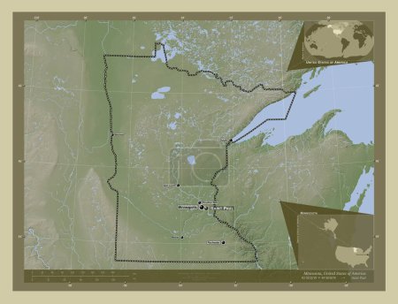 Photo for Minnesota, state of United States of America. Elevation map colored in wiki style with lakes and rivers. Locations and names of major cities of the region. Corner auxiliary location maps - Royalty Free Image