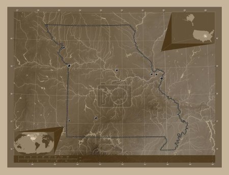 Foto de Missouri, estado de los Estados Unidos de América. Mapa de elevación coloreado en tonos sepia con lagos y ríos. Ubicaciones de las principales ciudades de la región. Mapas de ubicación auxiliares de esquina - Imagen libre de derechos