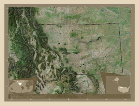 Foto de Montana, estado de los Estados Unidos de América. Mapa satelital de alta resolución. Ubicaciones de las principales ciudades de la región. Mapas de ubicación auxiliares de esquina - Imagen libre de derechos