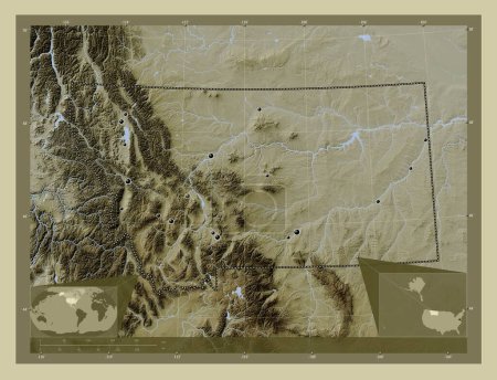 Téléchargez les photos : Montana, État des États-Unis d'Amérique. Carte d'altitude colorée dans le style wiki avec des lacs et des rivières. Emplacements des grandes villes de la région. Corner cartes de localisation auxiliaires - en image libre de droit