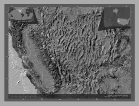 Foto de Nevada, estado de los Estados Unidos de América. Mapa de elevación de Bilevel con lagos y ríos. Ubicaciones y nombres de las principales ciudades de la región. Mapas de ubicación auxiliares de esquina - Imagen libre de derechos