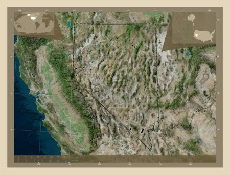Foto de Nevada, estado de los Estados Unidos de América. Mapa satelital de alta resolución. Ubicaciones de las principales ciudades de la región. Mapas de ubicación auxiliares de esquina - Imagen libre de derechos