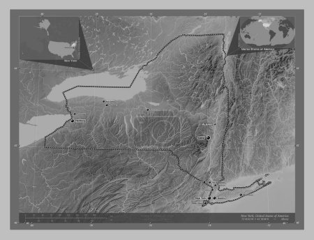 Photo for New York, state of United States of America. Grayscale elevation map with lakes and rivers. Locations and names of major cities of the region. Corner auxiliary location maps - Royalty Free Image