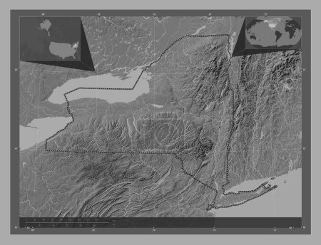 Téléchargez les photos : New York, État des États-Unis. Carte d'altitude de Bilevel avec lacs et rivières. Corner cartes de localisation auxiliaires - en image libre de droit