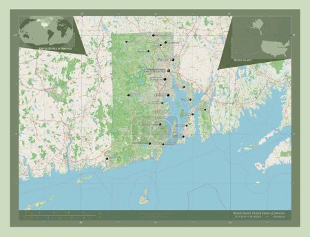 Photo for Rhode Island, state of United States of America. Open Street Map. Locations and names of major cities of the region. Corner auxiliary location maps - Royalty Free Image
