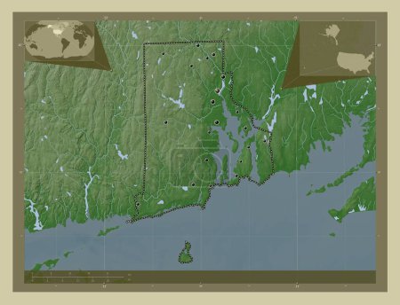 Photo for Rhode Island, state of United States of America. Elevation map colored in wiki style with lakes and rivers. Locations of major cities of the region. Corner auxiliary location maps - Royalty Free Image