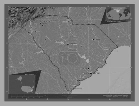 Foto de Carolina del Sur, estado de los Estados Unidos de América. Mapa de elevación de Bilevel con lagos y ríos. Ubicaciones y nombres de las principales ciudades de la región. Mapas de ubicación auxiliares de esquina - Imagen libre de derechos