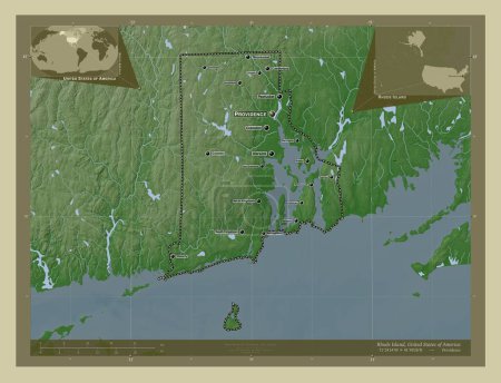 Foto de Rhode Island, estado de los Estados Unidos de América. Mapa de elevación coloreado en estilo wiki con lagos y ríos. Ubicaciones y nombres de las principales ciudades de la región. Mapas de ubicación auxiliares de esquina - Imagen libre de derechos