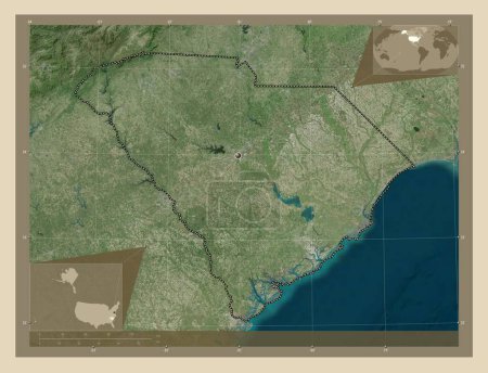 Foto de Carolina del Sur, estado de los Estados Unidos de América. Mapa satelital de alta resolución. Mapas de ubicación auxiliares de esquina - Imagen libre de derechos