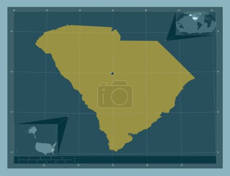 Foto de Carolina del Sur, estado de los Estados Unidos de América. Forma de color sólido. Mapas de ubicación auxiliares de esquina - Imagen libre de derechos
