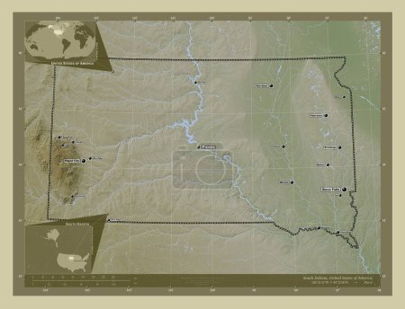 Foto de Dakota del Sur, estado de los Estados Unidos de América. Mapa de elevación coloreado en estilo wiki con lagos y ríos. Ubicaciones y nombres de las principales ciudades de la región. Mapas de ubicación auxiliares de esquina - Imagen libre de derechos