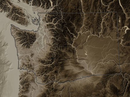 Téléchargez les photos : Washington, État des États-Unis d'Amérique. Carte d'altitude colorée dans des tons sépia avec des lacs et des rivières - en image libre de droit