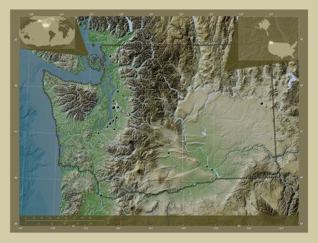 Téléchargez les photos : Washington, État des États-Unis d'Amérique. Carte d'altitude colorée dans le style wiki avec des lacs et des rivières. Emplacements des grandes villes de la région. Corner cartes de localisation auxiliaires - en image libre de droit