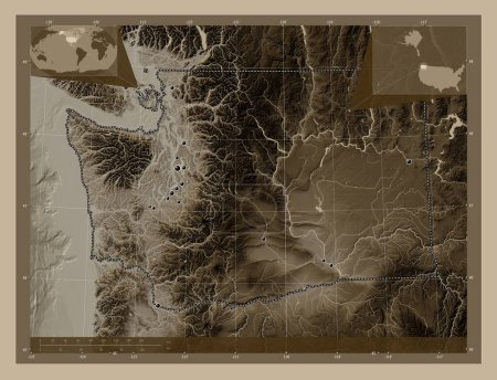 Téléchargez les photos : Washington, État des États-Unis d'Amérique. Carte d'altitude colorée dans des tons sépia avec des lacs et des rivières. Emplacements des grandes villes de la région. Corner cartes de localisation auxiliaires - en image libre de droit