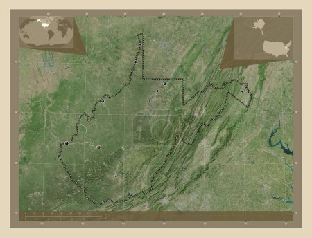 Foto de Virginia Occidental, estado de los Estados Unidos de América. Mapa satelital de alta resolución. Ubicaciones de las principales ciudades de la región. Mapas de ubicación auxiliares de esquina - Imagen libre de derechos
