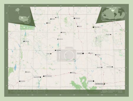 Foto de Wyoming, estado de los Estados Unidos de América. Open Street Map. Ubicaciones y nombres de las principales ciudades de la región. Mapas de ubicación auxiliares de esquina - Imagen libre de derechos