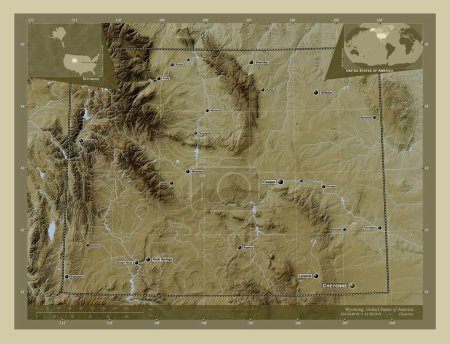 Foto de Wyoming, estado de los Estados Unidos de América. Mapa de elevación coloreado en estilo wiki con lagos y ríos. Ubicaciones y nombres de las principales ciudades de la región. Mapas de ubicación auxiliares de esquina - Imagen libre de derechos