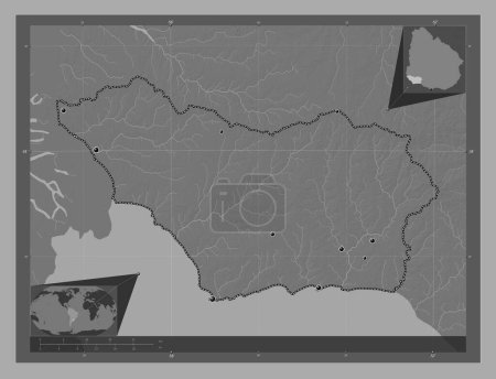 Foto de Colonia, departamento de Uruguay. Mapa de elevación de Bilevel con lagos y ríos. Ubicaciones de las principales ciudades de la región. Mapas de ubicación auxiliares de esquina - Imagen libre de derechos