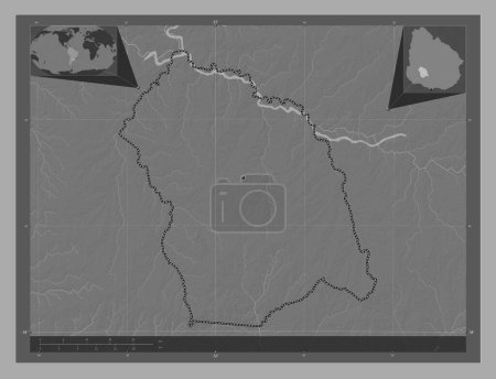 Téléchargez les photos : Flores, département de l'Uruguay. Carte d'altitude de Bilevel avec lacs et rivières. Emplacements des grandes villes de la région. Corner cartes de localisation auxiliaires - en image libre de droit