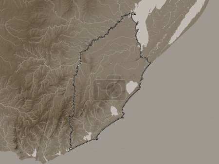 Photo for Rocha, department of Uruguay. Elevation map colored in sepia tones with lakes and rivers - Royalty Free Image