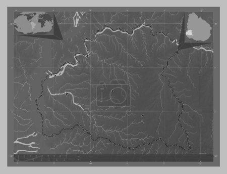 Foto de Soriano, departamento de Uruguay. Mapa de elevación a escala de grises con lagos y ríos. Ubicaciones de las principales ciudades de la región. Mapas de ubicación auxiliares de esquina - Imagen libre de derechos