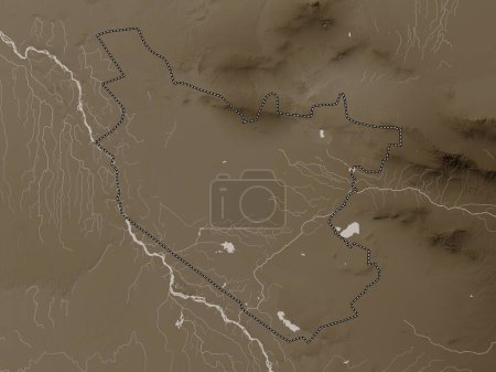 Téléchargez les photos : Bukhoro, région d'Ouzbékistan. Carte d'altitude colorée dans des tons sépia avec des lacs et des rivières - en image libre de droit