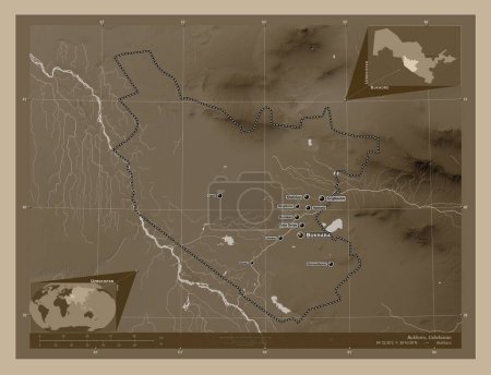 Téléchargez les photos : Bukhoro, région d'Ouzbékistan. Carte d'altitude colorée dans des tons sépia avec des lacs et des rivières. Emplacements et noms des grandes villes de la région. Corner cartes de localisation auxiliaires - en image libre de droit