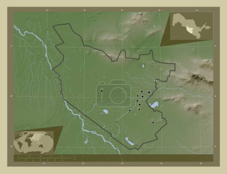 Téléchargez les photos : Bukhoro, région d'Ouzbékistan. Carte d'altitude colorée dans le style wiki avec des lacs et des rivières. Emplacements des grandes villes de la région. Corner cartes de localisation auxiliaires - en image libre de droit