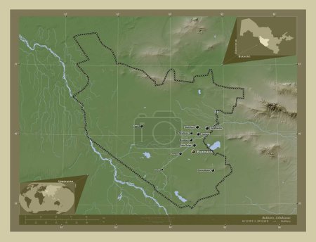 Téléchargez les photos : Bukhoro, région d'Ouzbékistan. Carte d'altitude colorée dans le style wiki avec des lacs et des rivières. Emplacements et noms des grandes villes de la région. Corner cartes de localisation auxiliaires - en image libre de droit