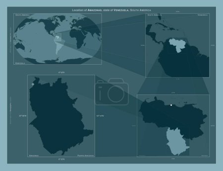 Photo for Amazonas, state of Venezuela. Diagram showing the location of the region on larger-scale maps. Composition of vector frames and PNG shapes on a solid background - Royalty Free Image