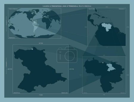 Foto de Anzoategui, estado de Venezuela. Diagrama que muestra la ubicación de la región en mapas a gran escala. Composición de marcos vectoriales y formas PNG sobre un fondo sólido - Imagen libre de derechos