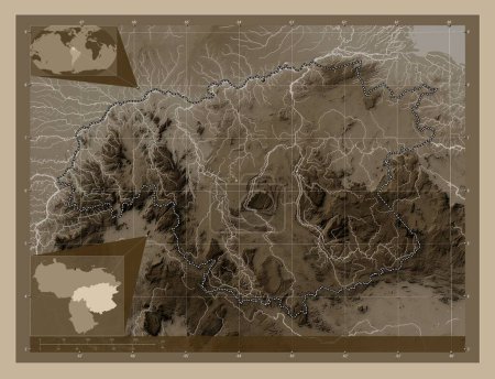 Photo for Bolivar, state of Venezuela. Elevation map colored in sepia tones with lakes and rivers. Corner auxiliary location maps - Royalty Free Image