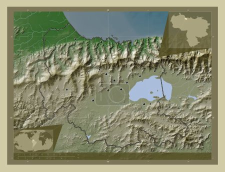 Foto de Carabobo, estado de Venezuela. Mapa de elevación coloreado en estilo wiki con lagos y ríos. Ubicaciones de las principales ciudades de la región. Mapas de ubicación auxiliares de esquina - Imagen libre de derechos