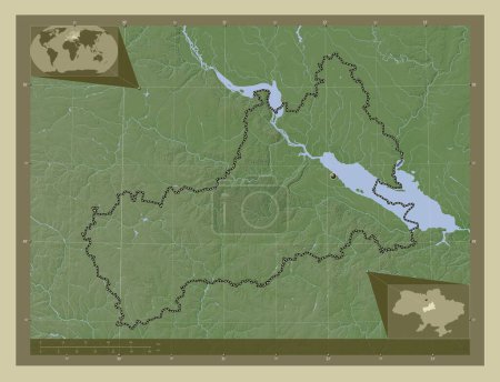 Foto de Cherkasy, región de Ucrania. Mapa de elevación coloreado en estilo wiki con lagos y ríos. Mapas de ubicación auxiliares de esquina - Imagen libre de derechos