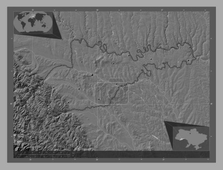 Photo for Chernivtsi, region of Ukraine. Bilevel elevation map with lakes and rivers. Locations of major cities of the region. Corner auxiliary location maps - Royalty Free Image