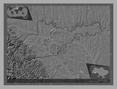 Photo for Chernivtsi, region of Ukraine. Bilevel elevation map with lakes and rivers. Locations and names of major cities of the region. Corner auxiliary location maps - Royalty Free Image