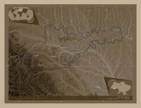 Photo for Chernivtsi, region of Ukraine. Elevation map colored in sepia tones with lakes and rivers. Locations and names of major cities of the region. Corner auxiliary location maps - Royalty Free Image