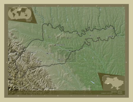 Photo for Chernivtsi, region of Ukraine. Elevation map colored in wiki style with lakes and rivers. Locations and names of major cities of the region. Corner auxiliary location maps - Royalty Free Image