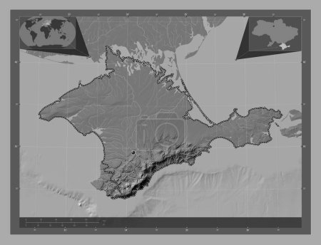 Foto de Crimea, república autónoma de Ucrania. Mapa de elevación de Bilevel con lagos y ríos. Mapas de ubicación auxiliares de esquina - Imagen libre de derechos