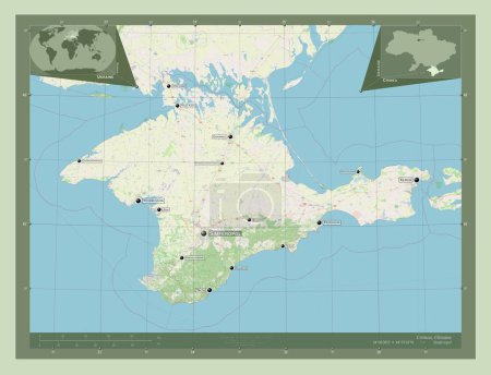 Foto de Crimea, república autónoma de Ucrania. Open Street Map. Ubicaciones y nombres de las principales ciudades de la región. Mapas de ubicación auxiliares de esquina - Imagen libre de derechos