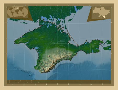 Foto de Crimea, república autónoma de Ucrania. Mapa de elevación de colores con lagos y ríos. Ubicaciones de las principales ciudades de la región. Mapas de ubicación auxiliares de esquina - Imagen libre de derechos